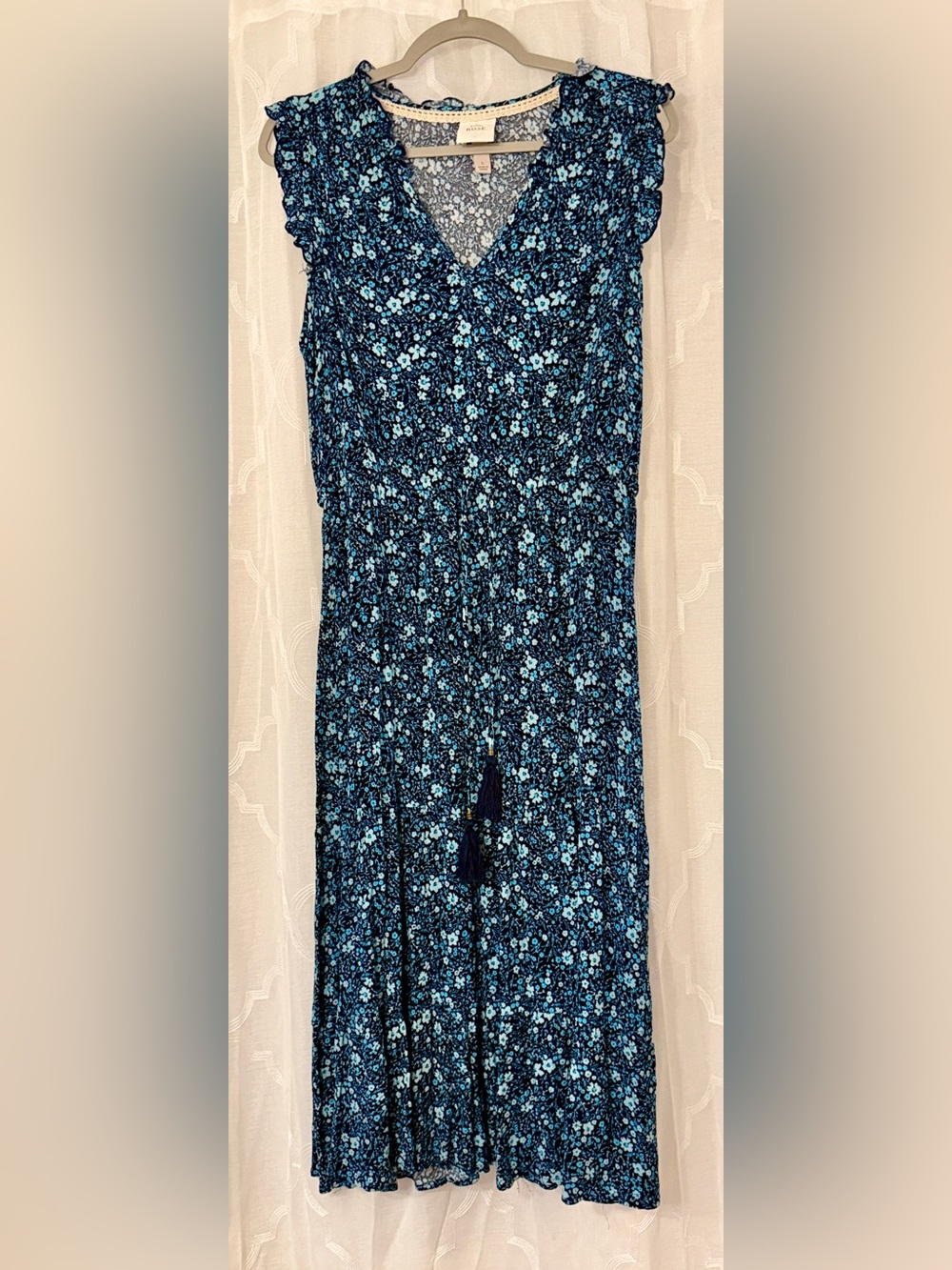 Knox Rose Large Navy Blue Floral Ruffle Tassel Midi Dress